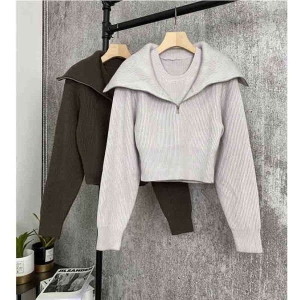 

women's sweaters two female parts fake turn-down collar sweater with casual zipper knitted fashion short ua4b, White;black