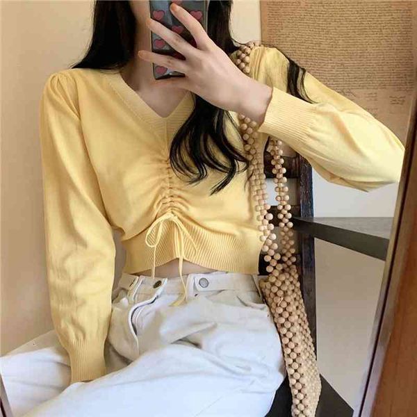 

spring summer long sleeve women sweater pullover v neck drawstring cropped slim fashion high street knitted, White;black
