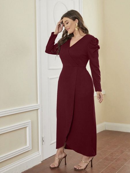 

plus solid wrap hem gigot sleeve dress i9m8#, Black