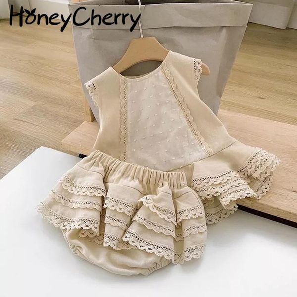 

summer girl lace sleeveless shorts two-piece suit girls clothing set kids boutique sets, White