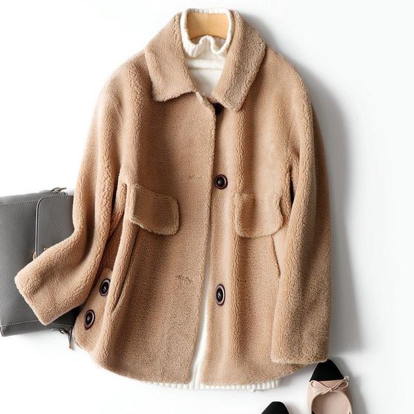 

women's wool & blends women 100% short coat granular fleece sheep fur one-piece autumn winter 2021 korean loose warm, Black