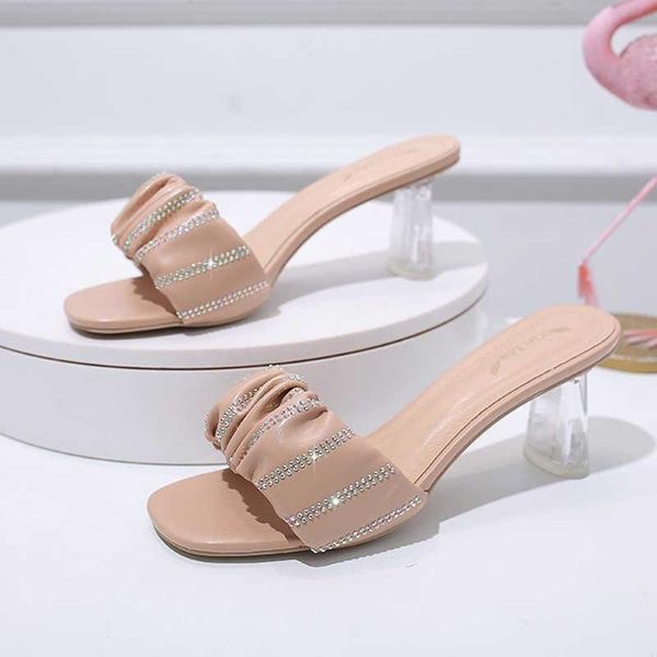 

slippers 2021 brand heels women summer fashion party shoes woman rhinestones high square toe elegant slides, Black