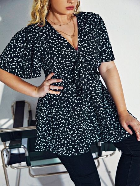 

plus confetti heart print knot front blouse u1v0#, Black