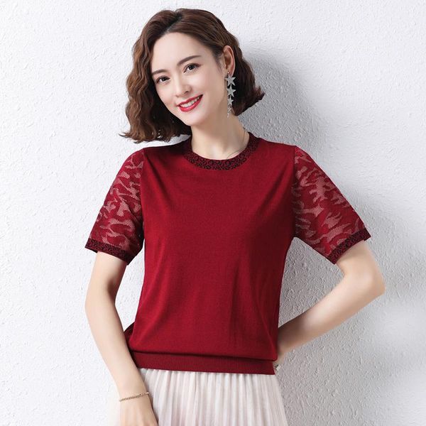 

women's sweaters lace hollow out short sleeve 2021 thin pullovers women loose burgundy patchwork o-neck knit tshirts femme casual elega, White;black
