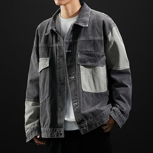 

men's jackets fashion stitching spring autumn denim jacket lapel blue black casual street hip-hop loose youth, Black;brown