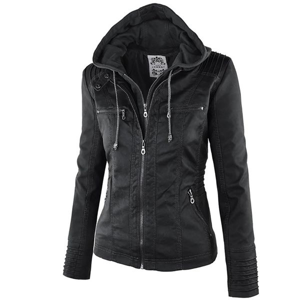 Moda Inverno Giacca in ecopelle da donna Basic s con cappuccio Nero Slim Moto Donna Cappotti Donna XS-7XL 50 211014