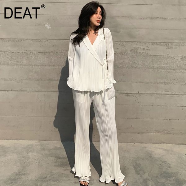 

v-neck white chiffon pleated light lace mercerized coat high waist wide leg trousers two-piece suit spring gx833 210421