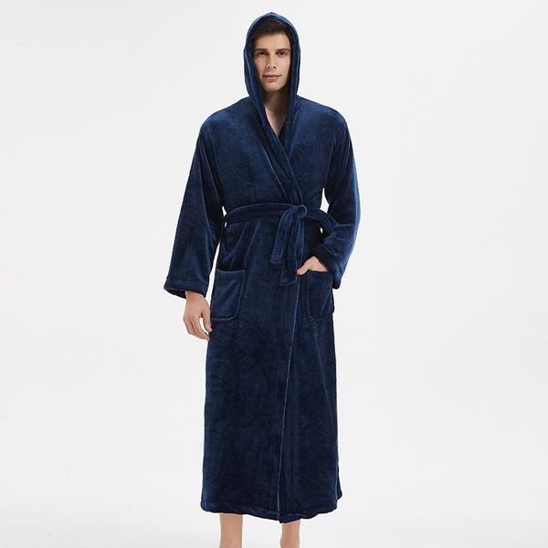 

men's sleepwear winter long bathrobe flannel warm male kimono robe gown hooded coral fleece nightwear casual home clothes, Black;brown