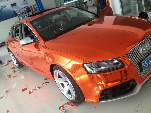 Chrom-Spiegel-Orange-Auto-Vinyl-Wrap-Aufkleber, hochglänzend, selbstklebend, DIY-Verpackungsfolie mit Luftablass