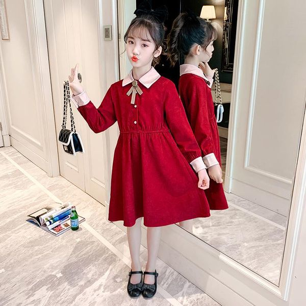 

girl's dresses children red color long sleeve bowknot girls dress for party and wedding korean style slim waist kids, Red;yellow