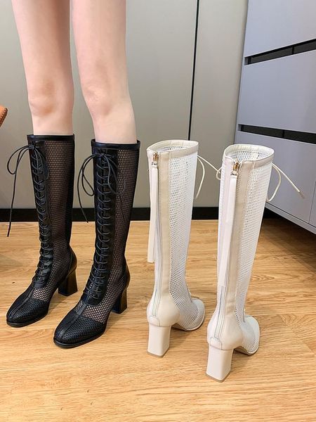 

boots women's knight 2021 fashion high-heeled mesh breathable lace-up women shoes, Black