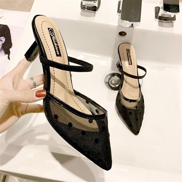 

slippers women's shoes 2021 summer sweet stiletto mid-heel mesh breathable, Black