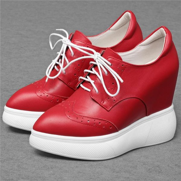 

boots 12cm high heel fashion sneakers women lace up genuine leather wedges ankle female pointed toe platform pumps casual shoes, Black
