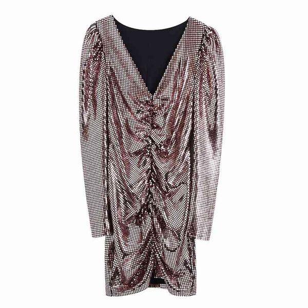 

sweet women party slim mini dress fashion ladies v-neck sequined dresses female chic draped puff sleeve vestidos 210430, Black;gray
