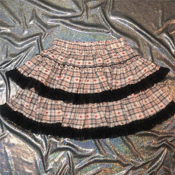 

skirts punk style womens girls cartoon bear plaid pleated skirt lace cake female mini short, Black