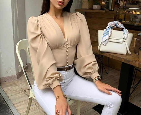 

ladies elegant blouse lantern long sleeve 2021 summer v neck crop fashion shirts women button down blouses clothing women's &, White