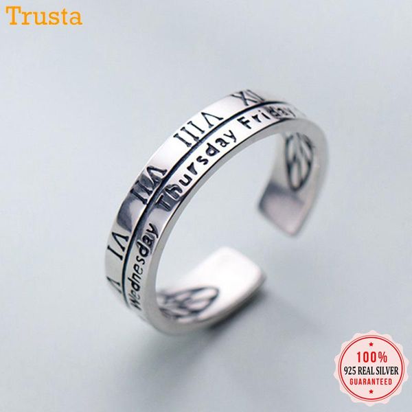 Rings de cluster Trustdavis 925 Sterling Silver Roman Numberal Week Carta Abertura do dedo Ring for Women Girls Jewelry Gift DT58
