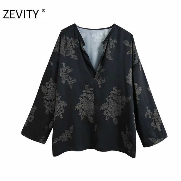 ZEVITY Kadınlar Vintage V Boyun Çiçek Baskı Rahat Smock Bluz Gömlek Kadınlar Uzun Kollu Kimono Roupas Chic Blusas Tops LS7188 210603