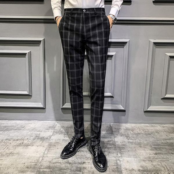 

men's pants men' dress plaid business casual slim fit full length homme classic vintage check suit trousers wedding male man', Black