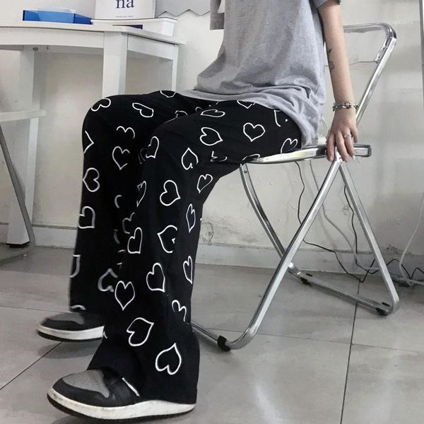 

women's pants & capris cool heart print girl harajuku autumn trousers female streetwear summer spring fashion black gothic sweatpants w, Black;white