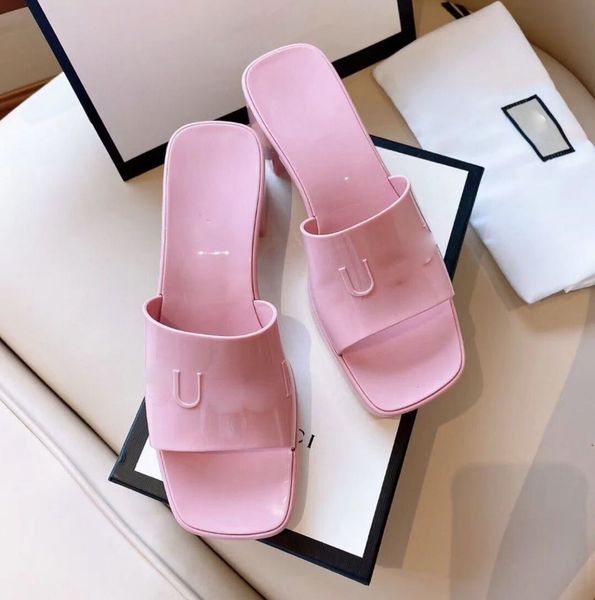 

slippers sandals 2021 new jelly shoes thick heel candy colored sandals square head rubber shoes middle heel slippers waterproof platform wea, Black