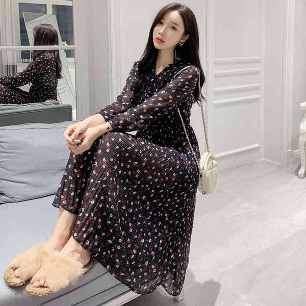 

french small floral dress women's spring bow pleated platycodon temperament waist chiffon long skirt 210429, Black;gray
