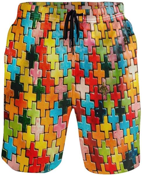 

colorful puzzle rainbow geometry men's swim trunks quick dry shorts with pockets, White;black