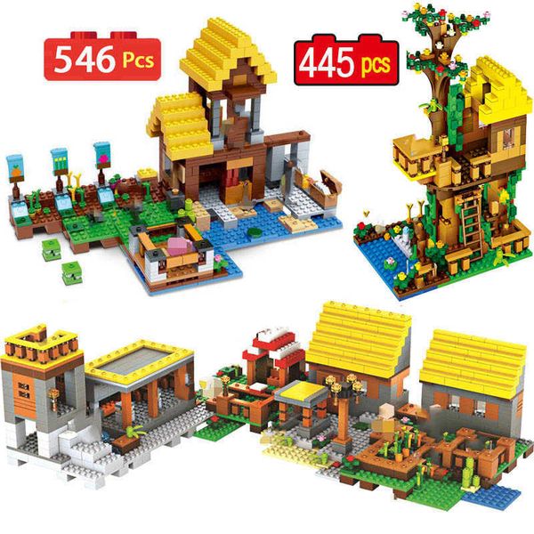 Serie di Mattoni Set Miniera Fattoria Montagna Grotta Cascata Villaggio Giungla TreeHouse Figure Città Modello Building Blocks Giocattoli Q0723