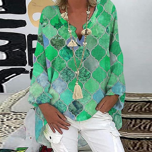 

women's t-shirt plaid geometric print t shirt fashion women long-sleeved woman casual spring 3xl t-shirts v-neck ladies clothing, White