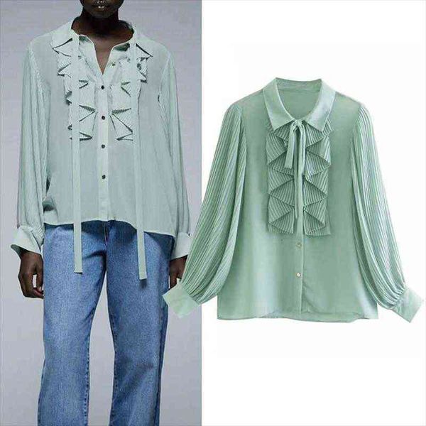 

za green chiffon ruffle womens shirt autumn fashion lapel collar bow tied pleated long sleeve shirts, White