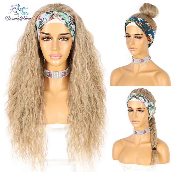 

synthetic wigs long curly headband wig for black women heat resistant kinky headwraps hair glueless blonde fashion