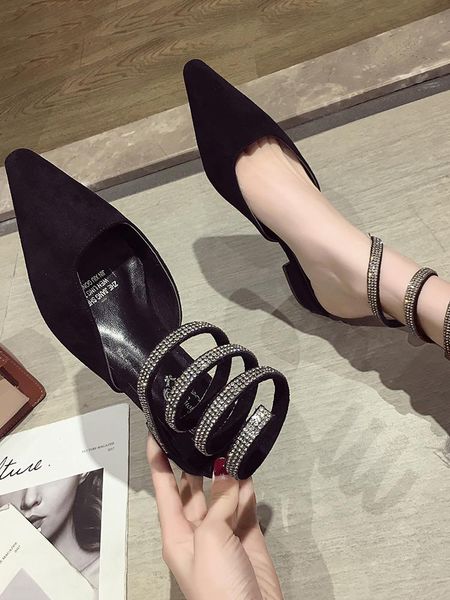 

europe and america snake-shaped winding thick with high heels pointed fairy wind roman shoes sandals women, Black