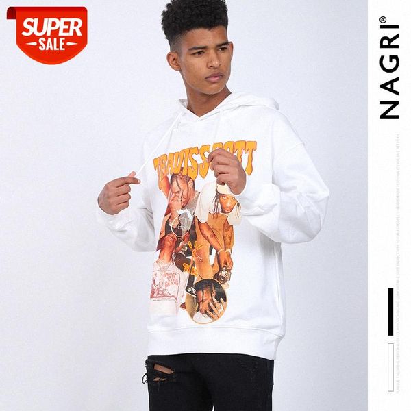 

nagri men's retro print hooded sweater loose and versatile pullover #sn44, Black