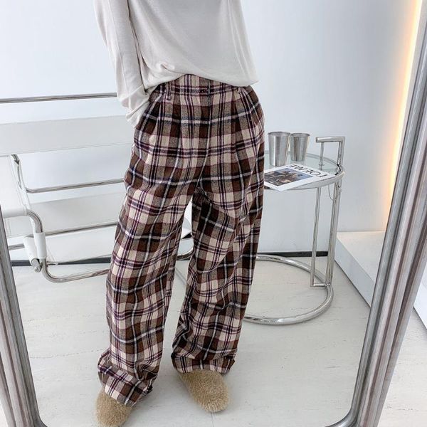 

plaid pants women casual chic oversize loose wide leg trousers retro harajuku all-match streetwear elastic waist women's & capris, Black;white