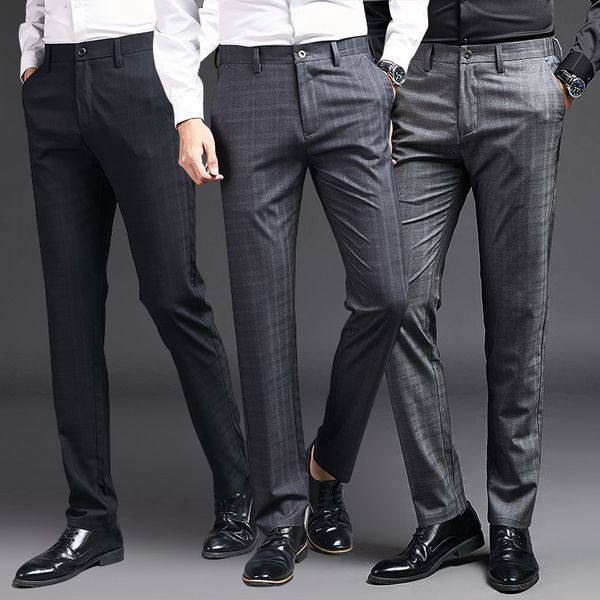 

casual men's pants business non iron straight fit suit plaid high waist black