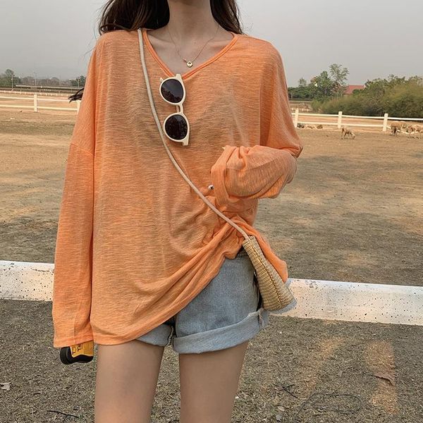 

slightly refreshing sunscreen shirt female korean version of summer thin long sleeve solid color t-shirt loose 2021 women's, White