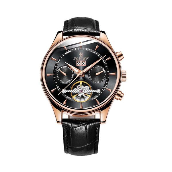 

wristwatches senors men automatic fashion rose gold leather mechanical wrist watches skeleton tourbillon watch, Slivery;brown