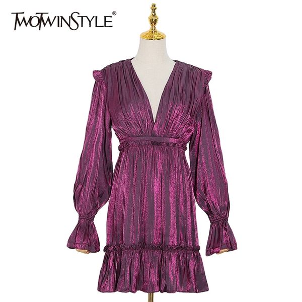 

patchwork ruched women dress v neck lantern sleeve high waist mini dresses female summer fashion clothes 210520, Black;gray