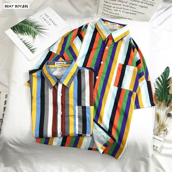 

men's casual shirts short sleeve shirt rainbow stripe matching color fashion day loose harajuku men, White;black