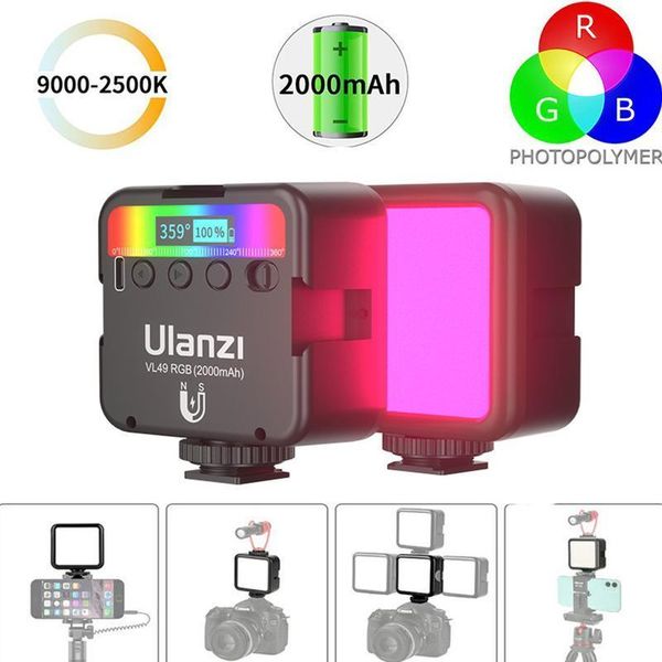 

vl49 mini rgb led video light 2000mah vlog fill phone camera with type-c charging cable flash heads