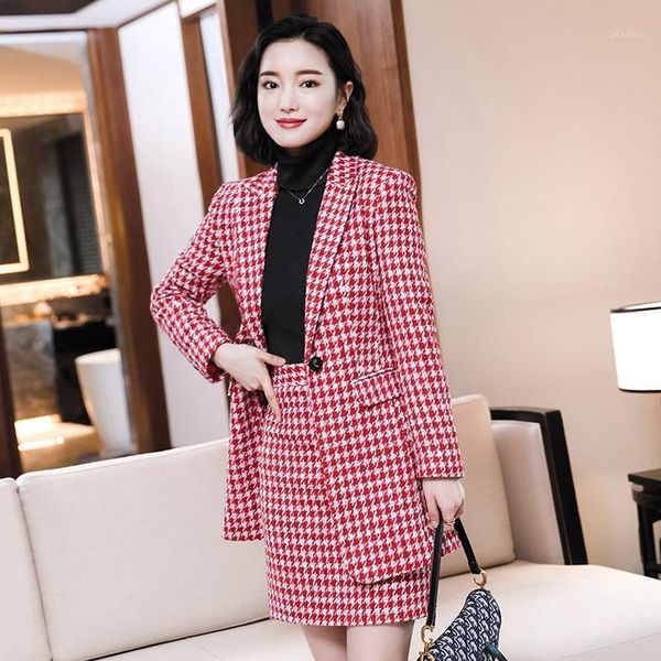 

two piece dress winter 2021 white collar women's suit skirt office formal plaid jacket 2-piece and set