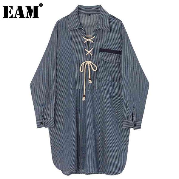 

[eam] women big size bandage blue striped dress lapel long sleeve loose fit fashion spring autumn 1dd0380 21512, Black;gray