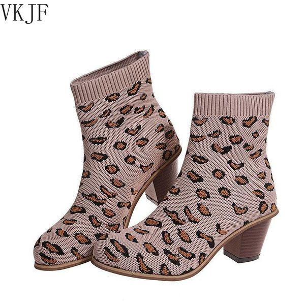 

boots female sock short mid heels women pumps square heel fashion leopard plus size woman casual shoes slip on knitting 2021, Black