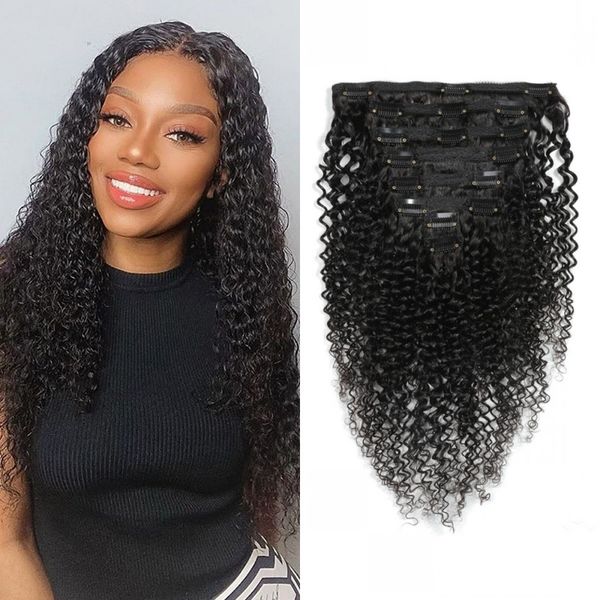 

remy clip in human hair extensions mongolian kinky curly remy hair bundles natural color 8pcs 120g/set, Black;brown
