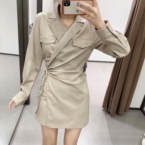 

spring and autumn women's casual solid color lapel long sleeve pocket faux leather dress vestidos dresses, Black;gray
