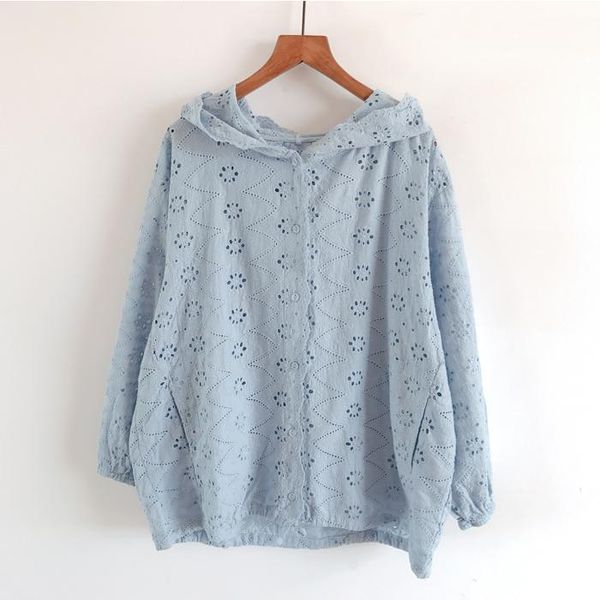 

women's blouses & shirts spring autumn women blouse hollow out embroidery jacket pure color is loose hooded cardigan long sleeve shirt, White