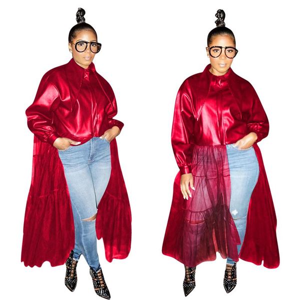 

women's jackets zaggin 2021 autumn fashion women solid 3-color full sleeve pu loose long coat zipper turn-down collar mesh splicing lea, Black;brown