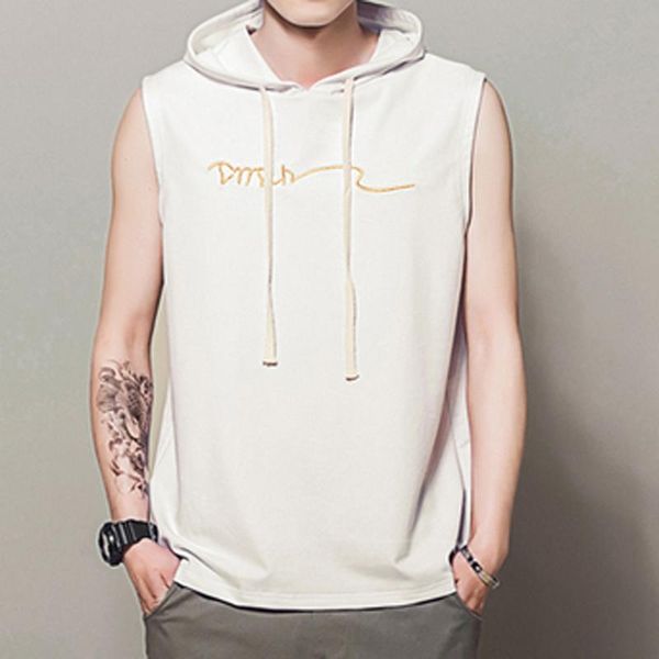 

men' tank hzirip 2021 summer youth hooded large size sleeveless embroidered solid blet color causal pullover vest, White;black