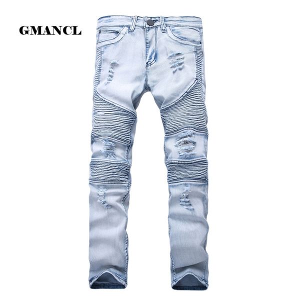Мужские худые джинс проблемные тонкие упругие джинсы джинсовые джинсовые байкер хип-хоп брюки промывают разорвал плюс размер 28-42, YA558 210723