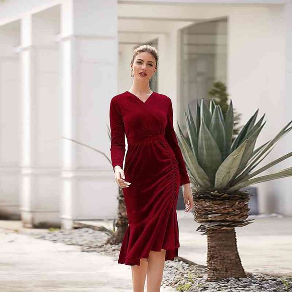 

casual dresses winter velvet v-neck pleated slim mid-length dress long sleeve high waist party club christmas bodycon dv41, Black;gray